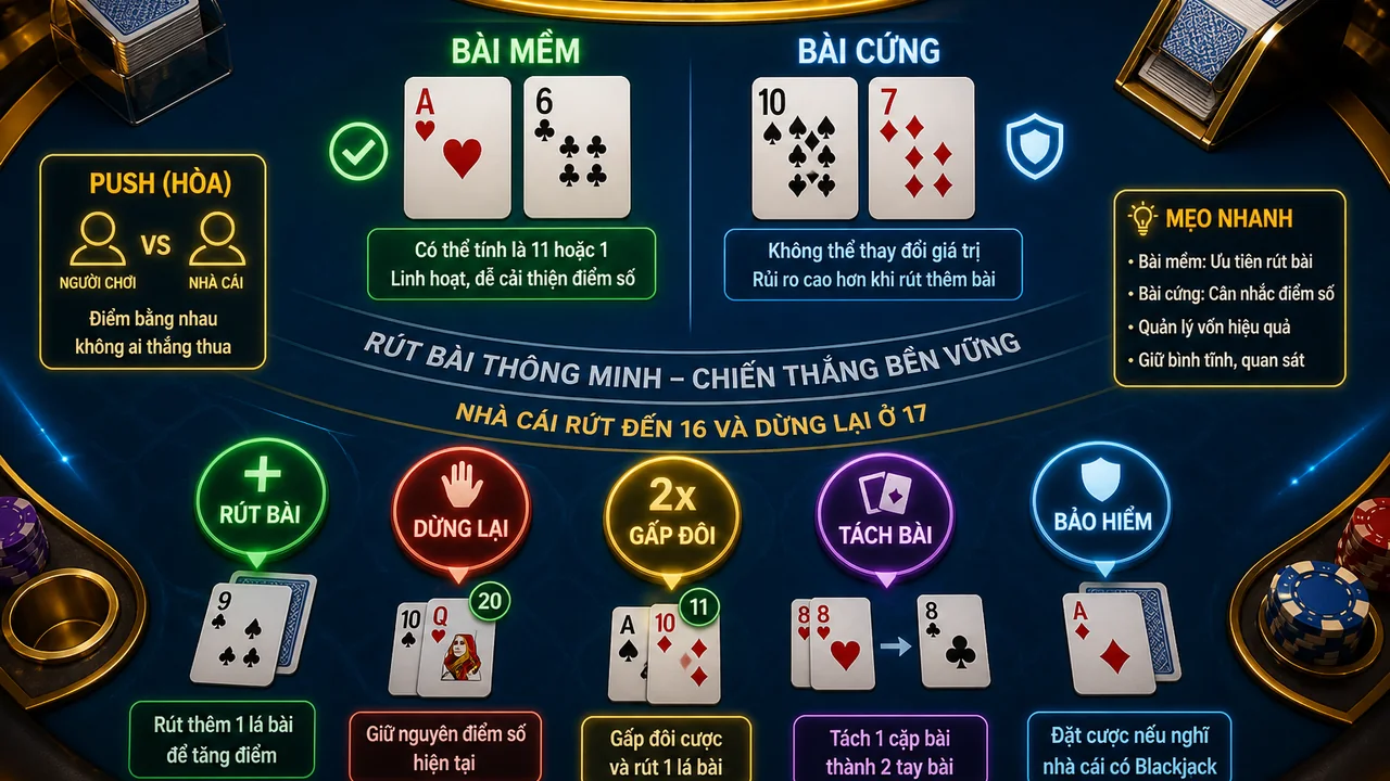 Đọc đúng từng quyết định tại bàn: thuật ngữ blackjack Alo789 bài mềm bài cứng và bảo hiểm