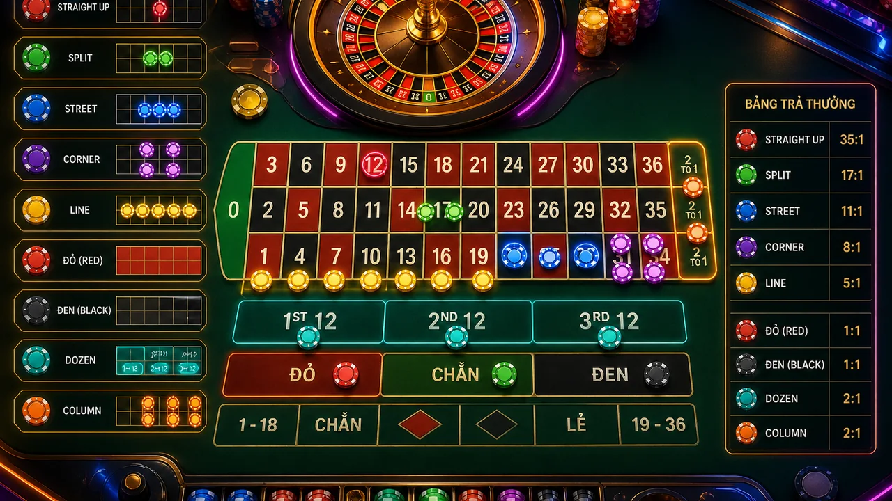 Tra nhanh vị trí cược và mức trả thưởng roulette Alo789 trước mỗi vòng