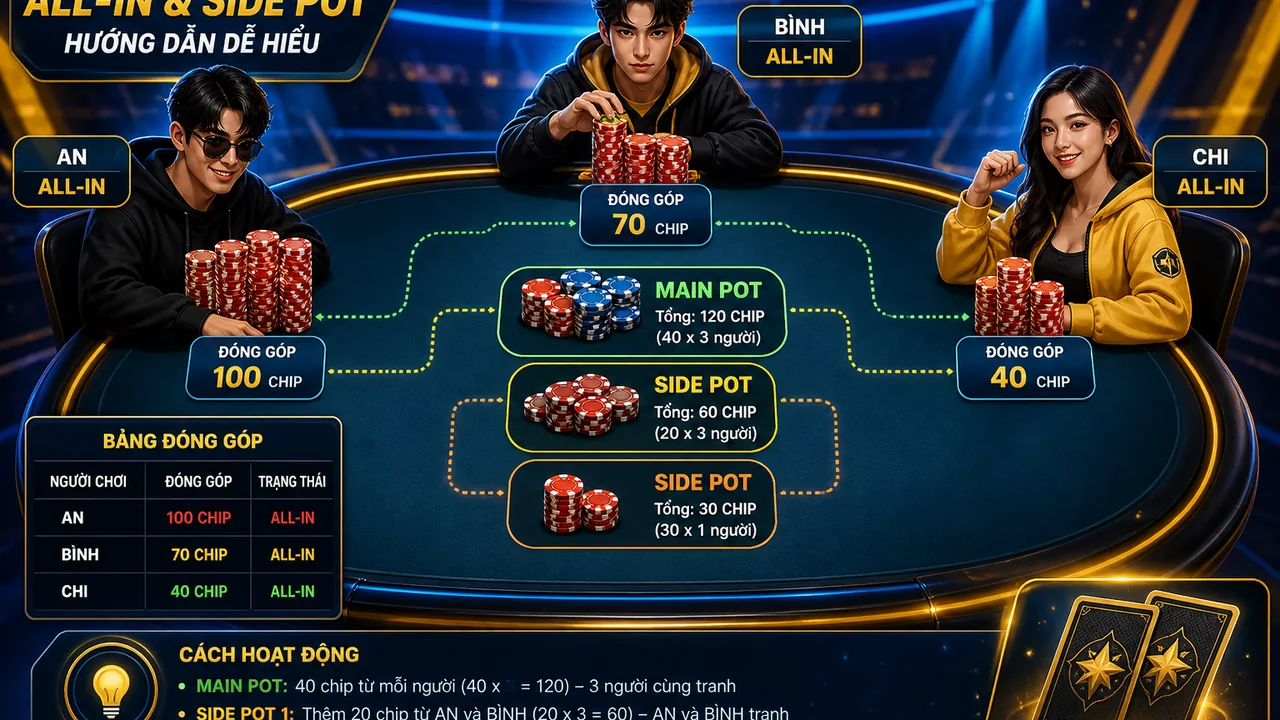 Khi nhiều người all-in, Alo789 poker pot phụ tính thế nào?