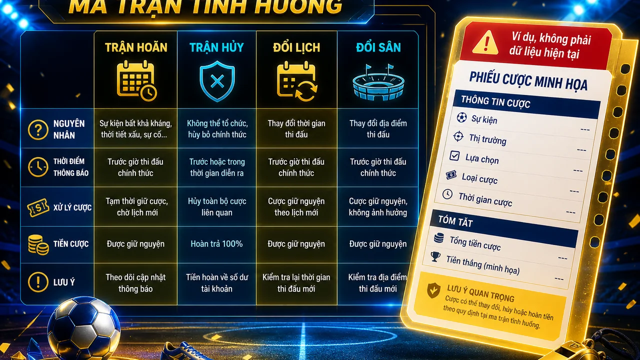 Trận hoãn hay đổi sân? Alo789 giải thích cách xử lý kèo bóng đá